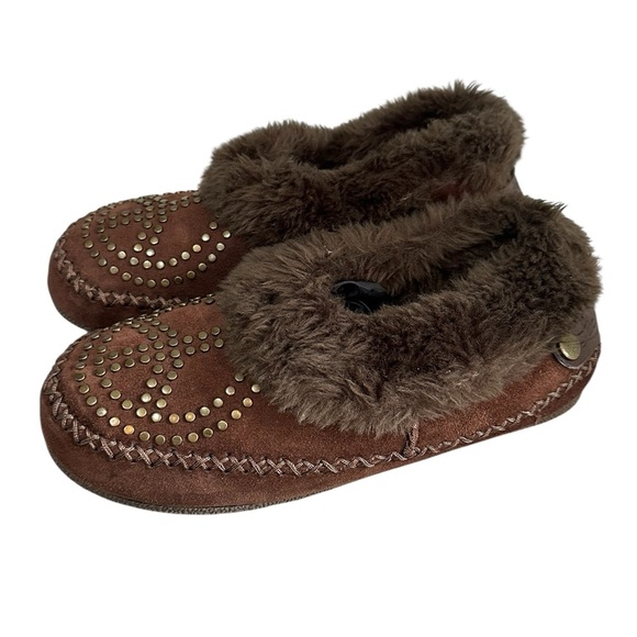 Lucky Brand Sabrina Moccasin Slippers shoes Size 6 Dark brown fur lined - Picture 1 of 6